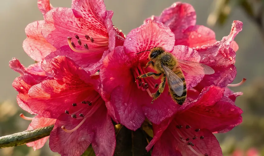 A honey bee on a pink Himalayan rhododendron