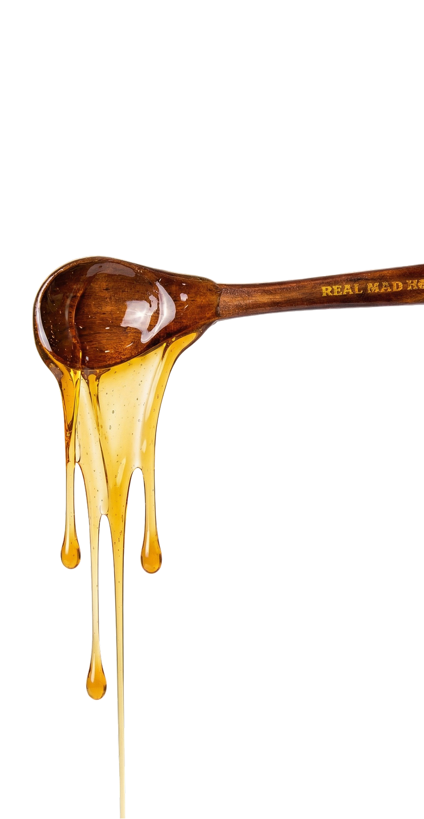 A wooden Real Mad Honey spoon dripping golden honey